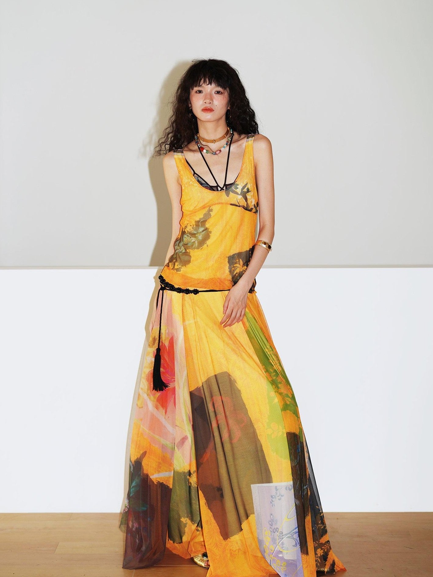 badtaste Yellow Western Printed Sleeveless Full Swing Women's Slip Maxi Dresses