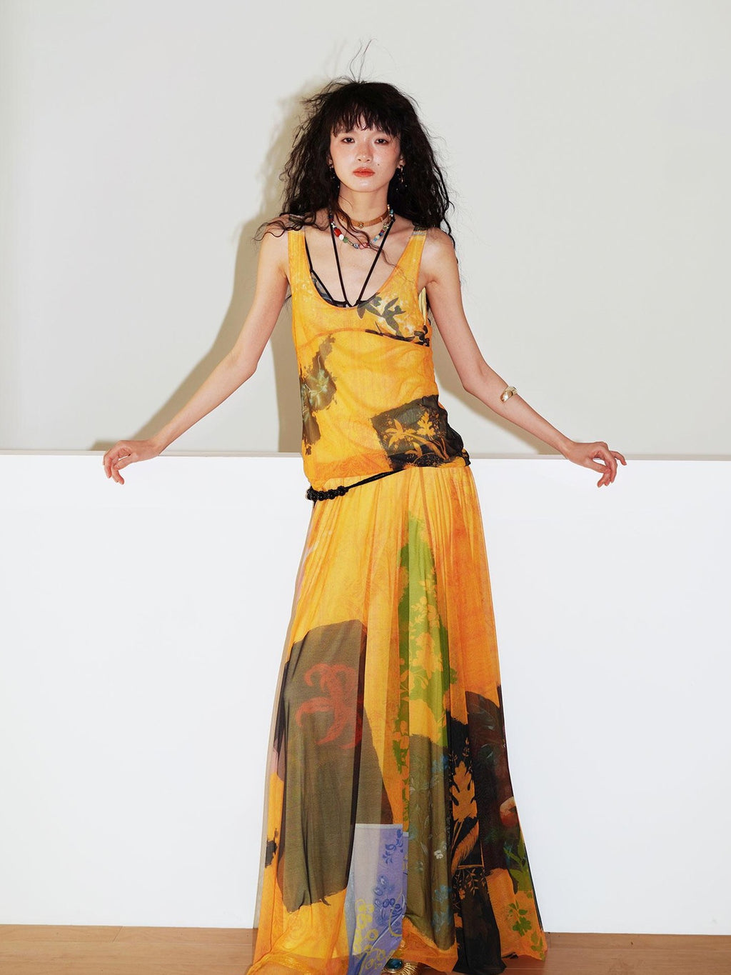badtaste Yellow Western Printed Sleeveless Full Swing Women's Slip Maxi Dresses