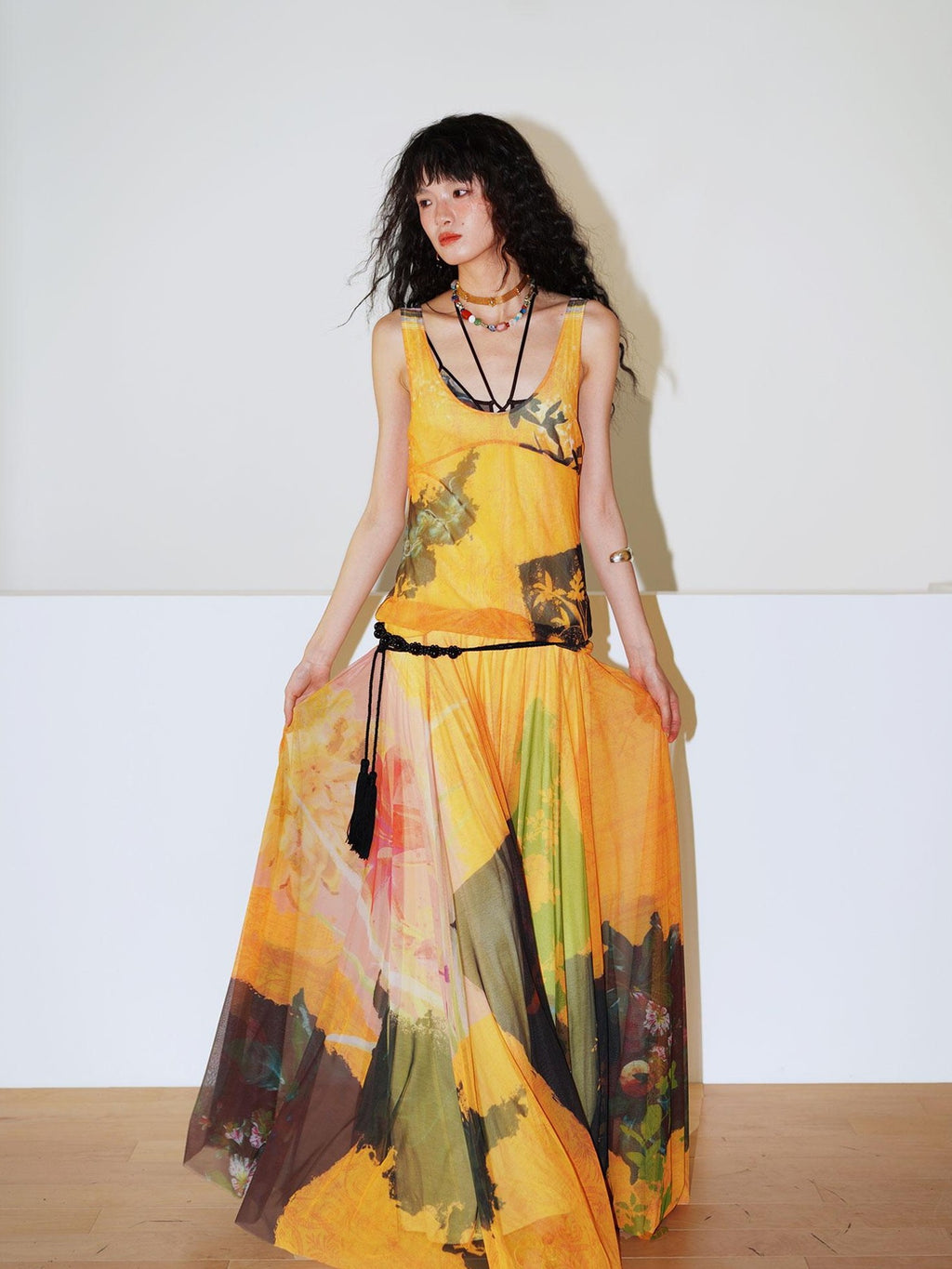 badtaste Yellow Western Printed Sleeveless Full Swing Women's Slip Maxi Dresses