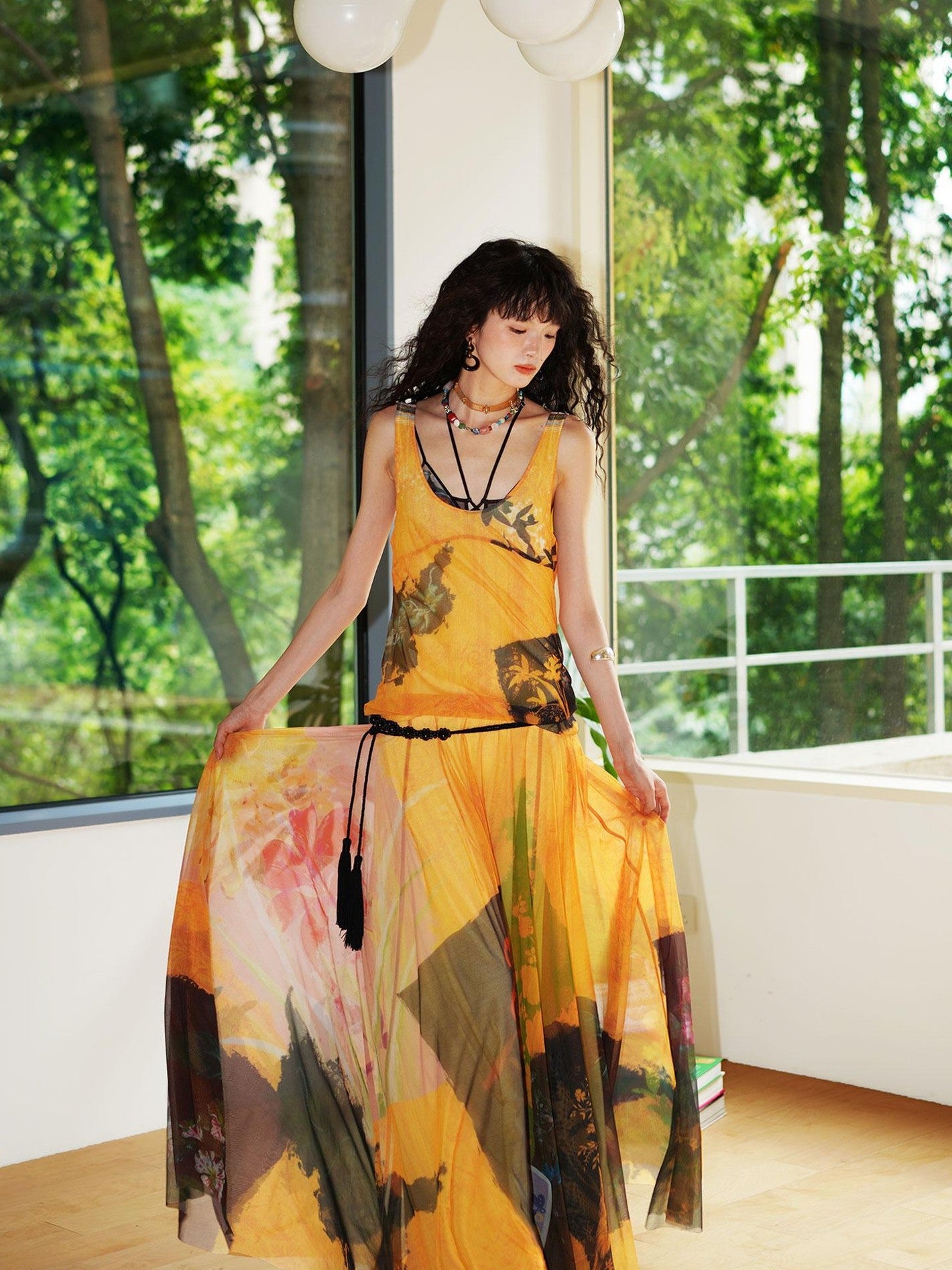 badtaste Yellow Western Printed Sleeveless Full Swing Women's Slip Maxi Dresses