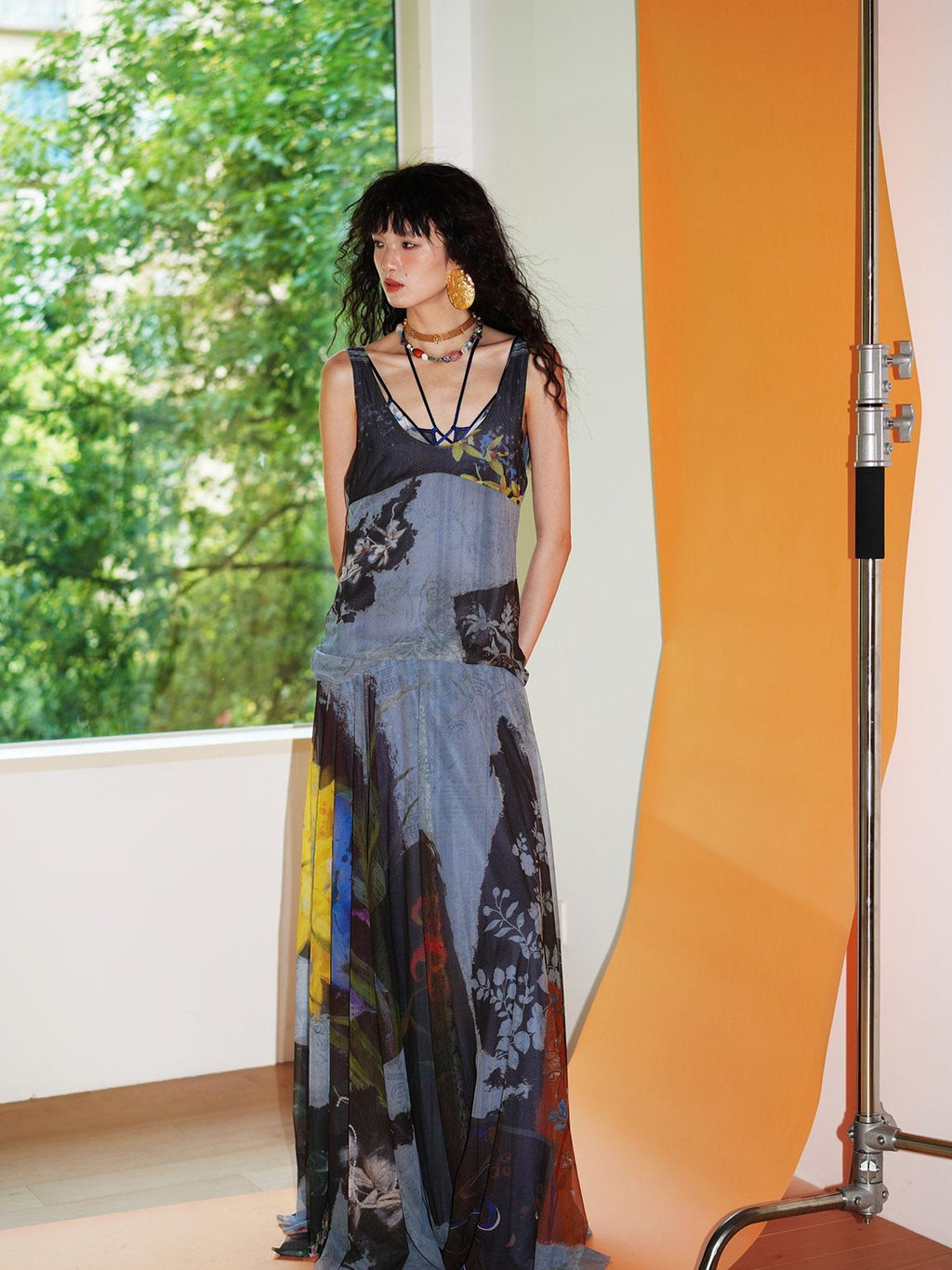 badtaste Yellow Western Printed Sleeveless Full Swing Women's Slip Maxi Dresses