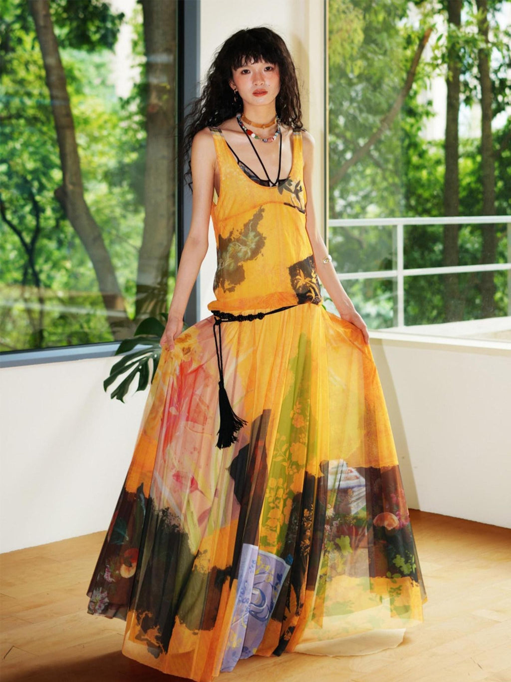 badtaste Yellow Western Printed Sleeveless Full Swing Women's Slip Maxi Dresses