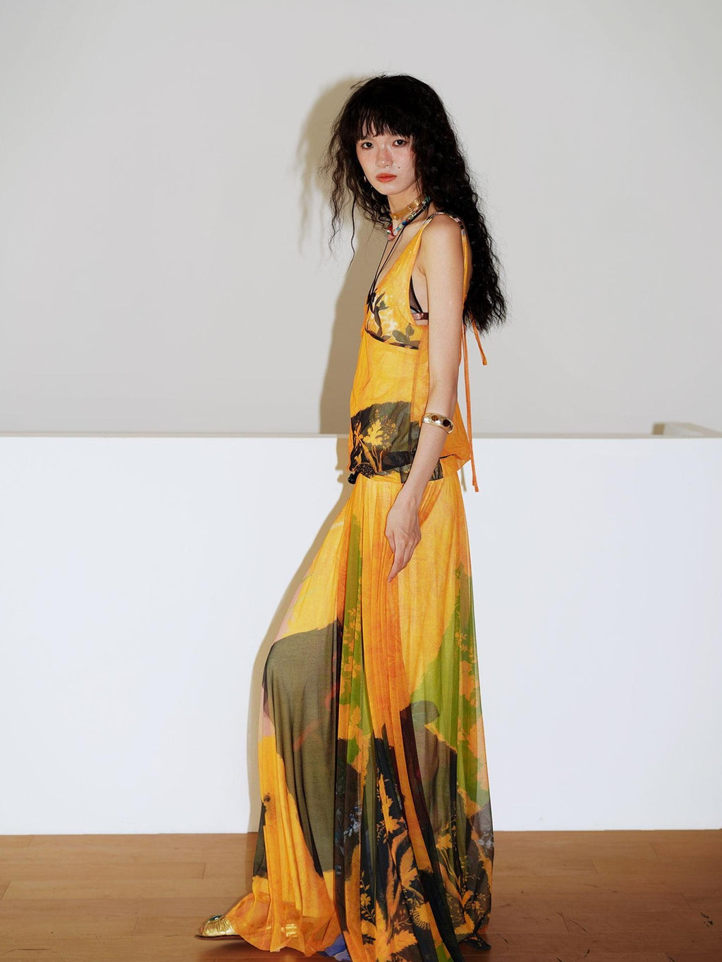 badtaste Yellow Western Printed Sleeveless Full Swing Women's Slip Maxi Dresses