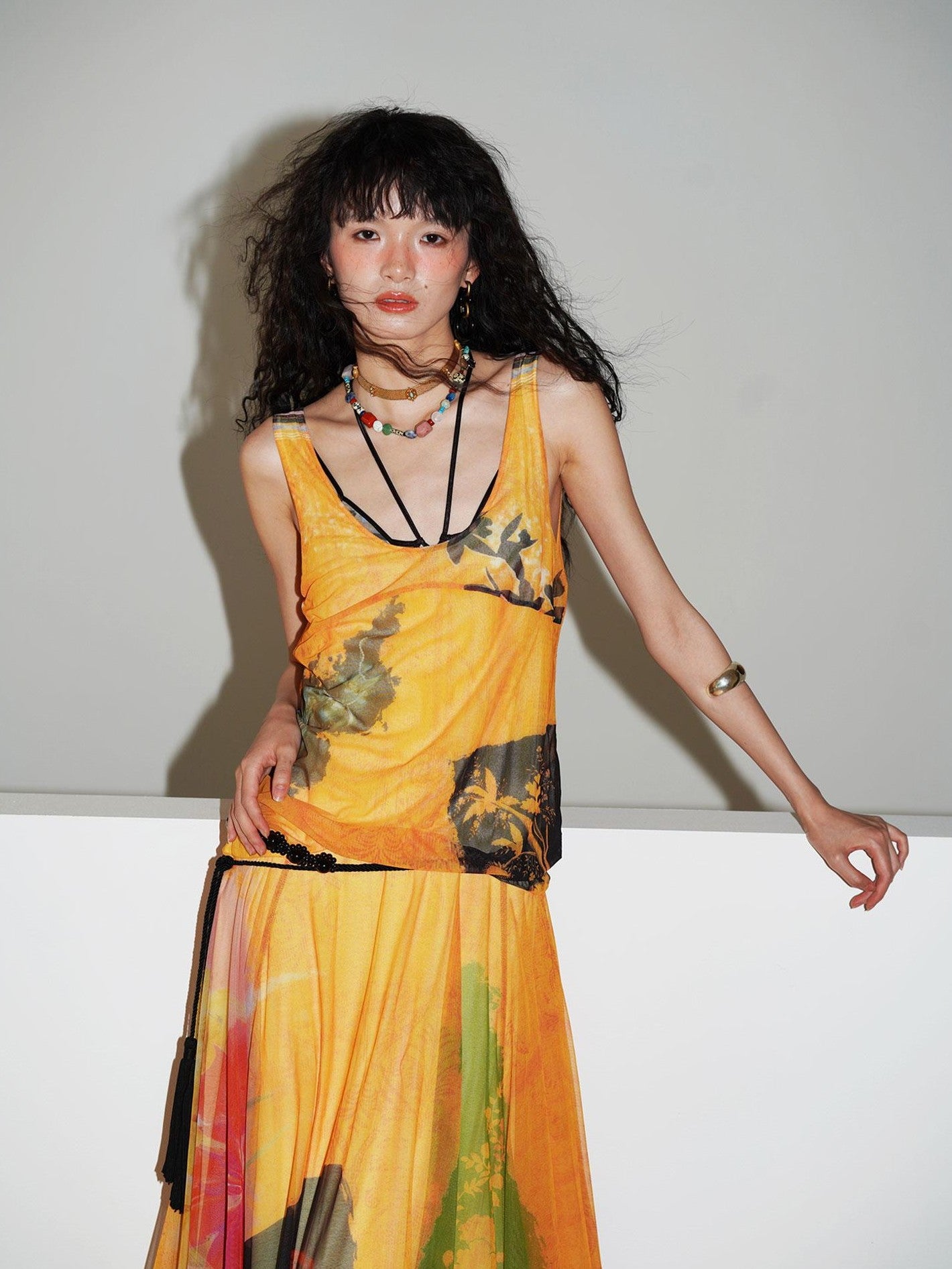 badtaste Yellow Western Printed Sleeveless Full Swing Women's Slip Maxi Dresses