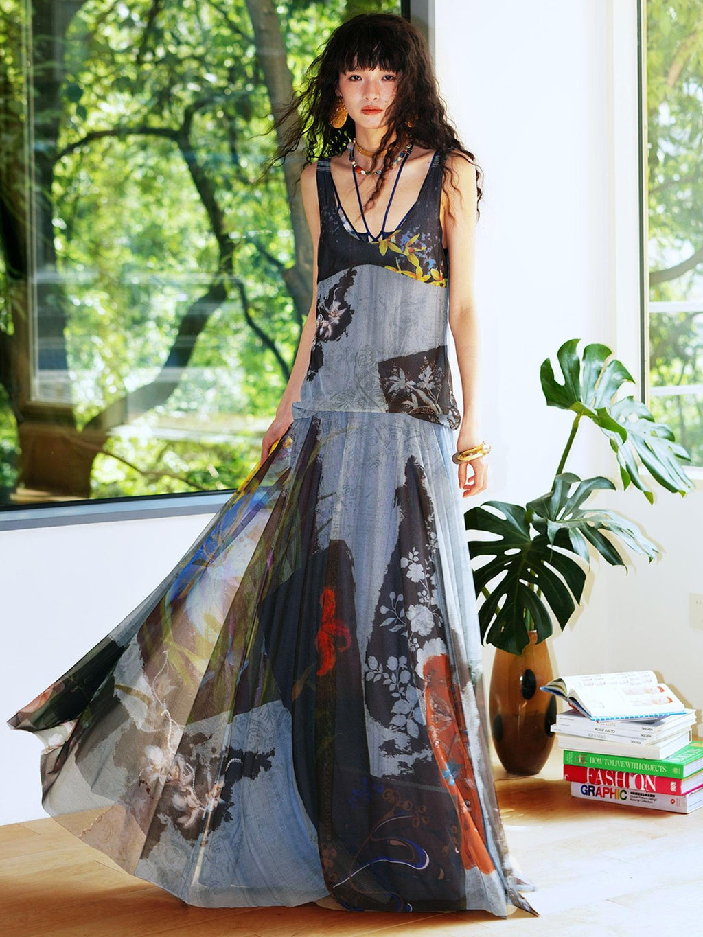 badtaste Yellow Western Printed Sleeveless Full Swing Women's Slip Maxi Dresses