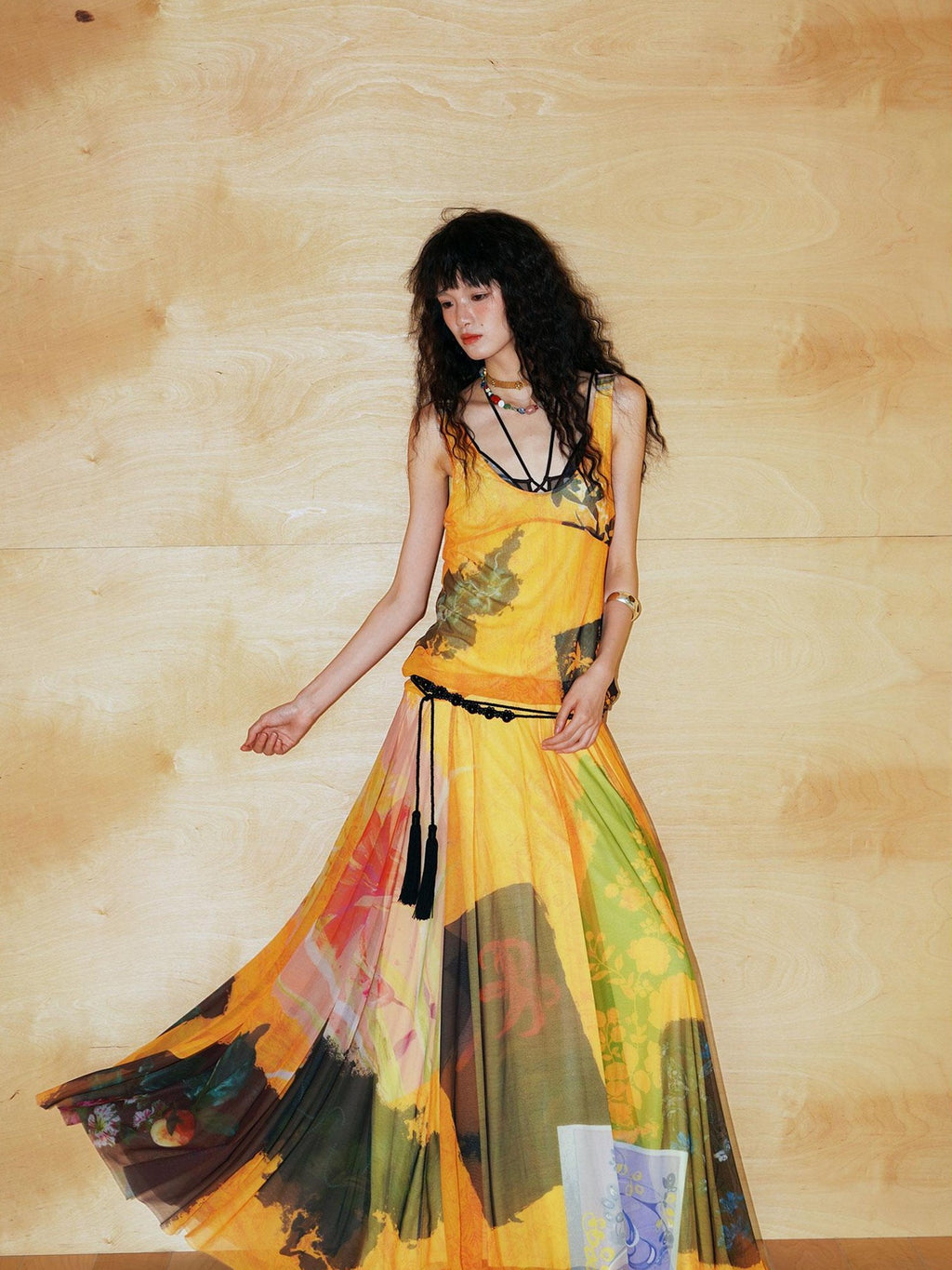 badtaste Yellow Western Printed Sleeveless Full Swing Women's Slip Maxi Dresses