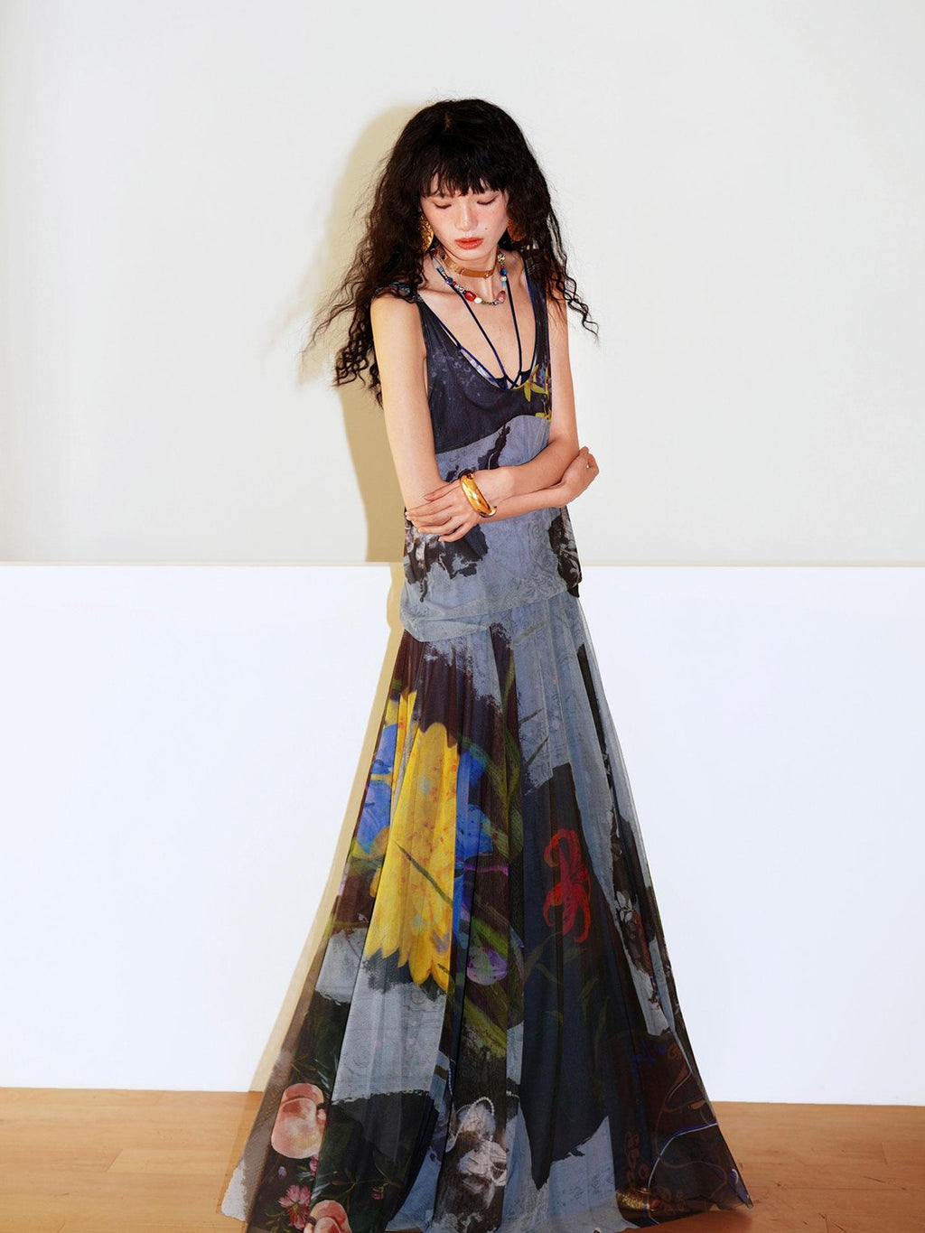 badtaste Yellow Western Printed Sleeveless Full Swing Women's Slip Maxi Dresses