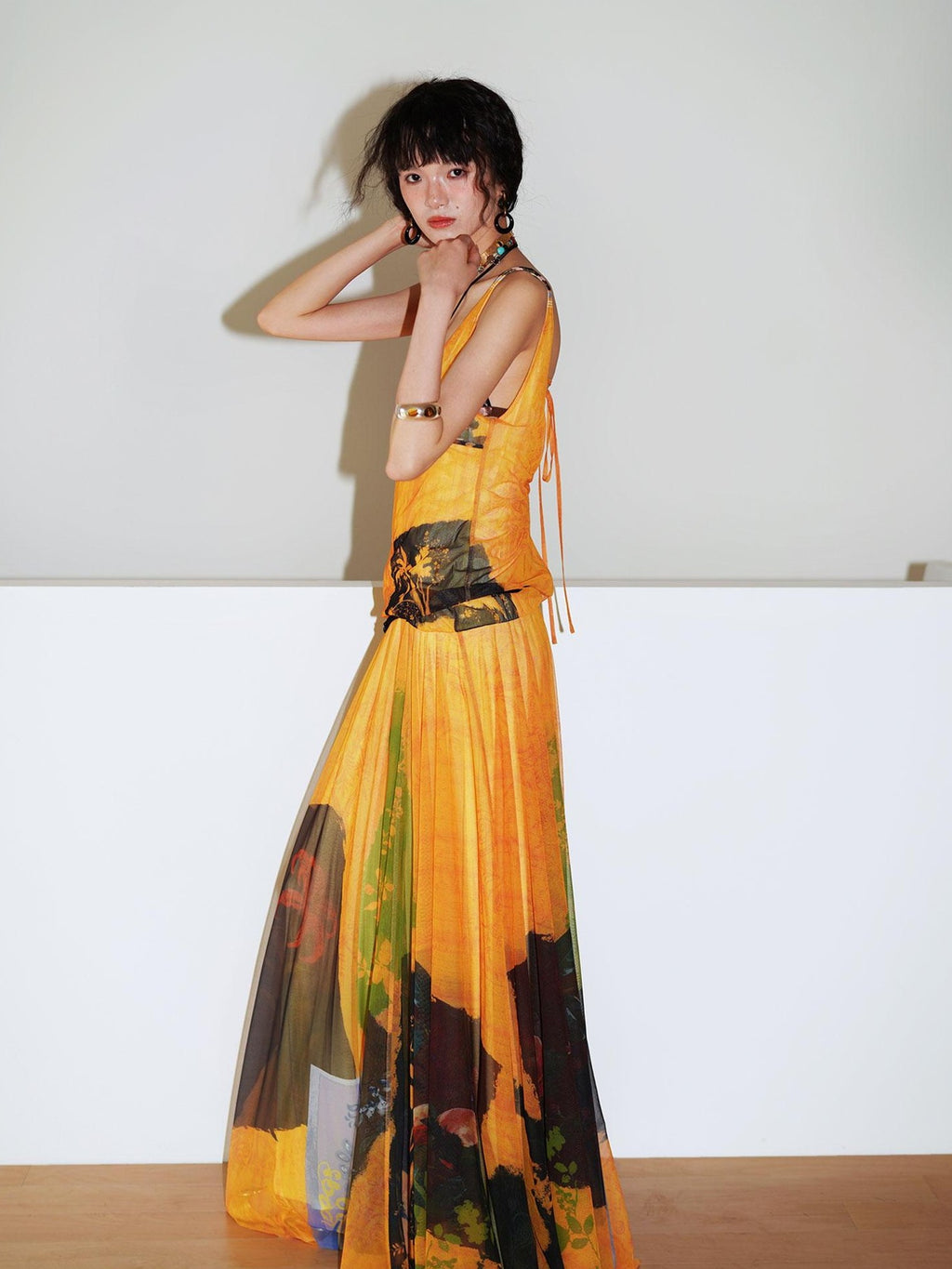 badtaste Yellow Western Printed Sleeveless Full Swing Women's Slip Maxi Dresses