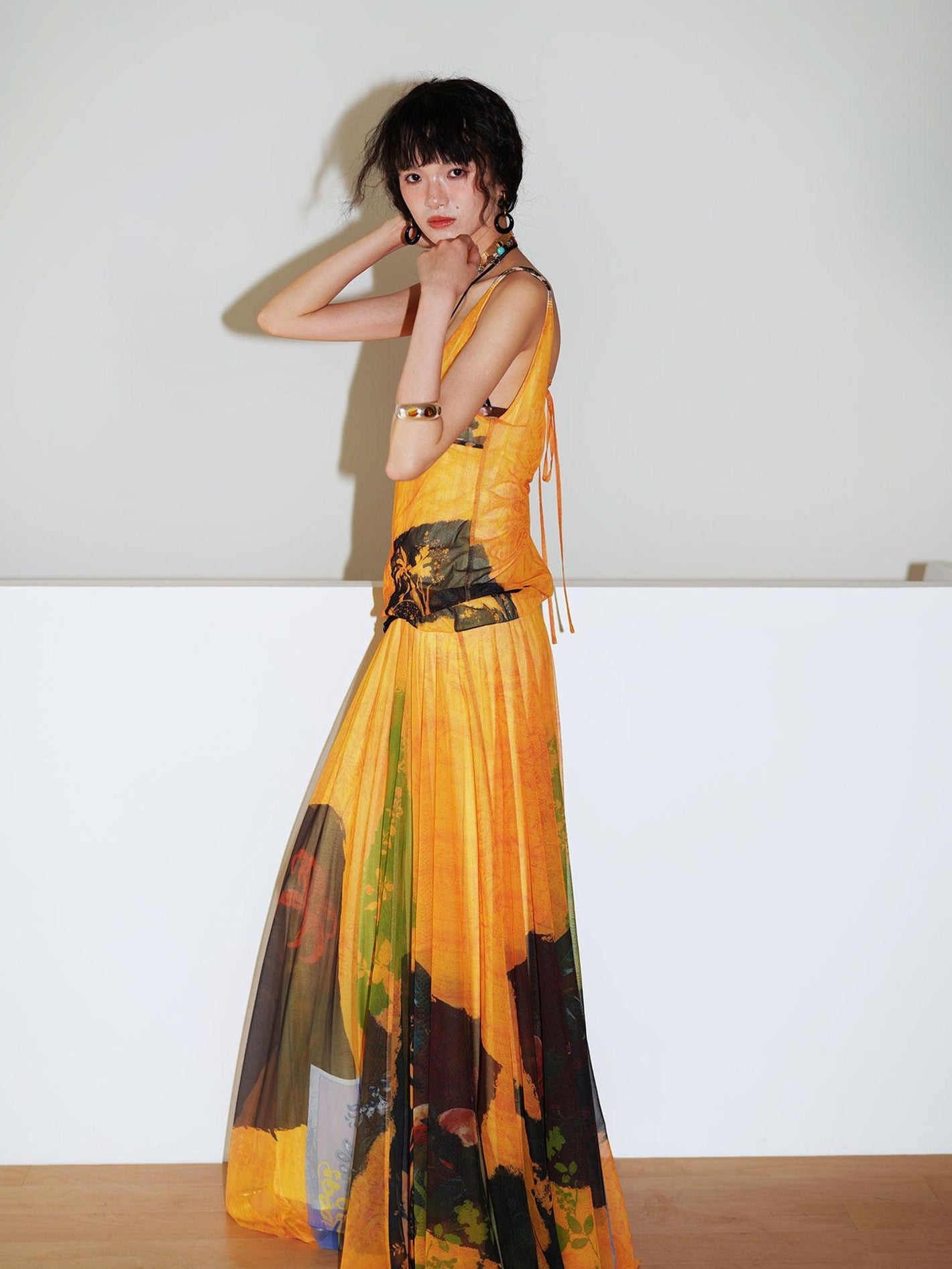 badtaste Yellow Western Printed Sleeveless Full Swing Women's Slip Maxi Dresses