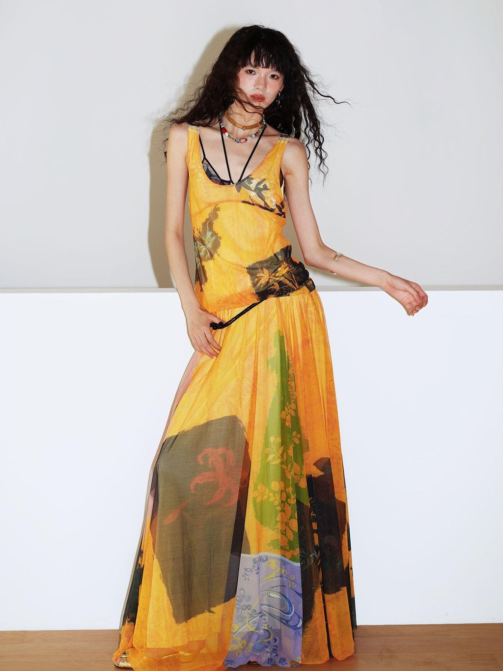 badtaste Yellow Western Printed Sleeveless Full Swing Women's Slip Maxi Dresses