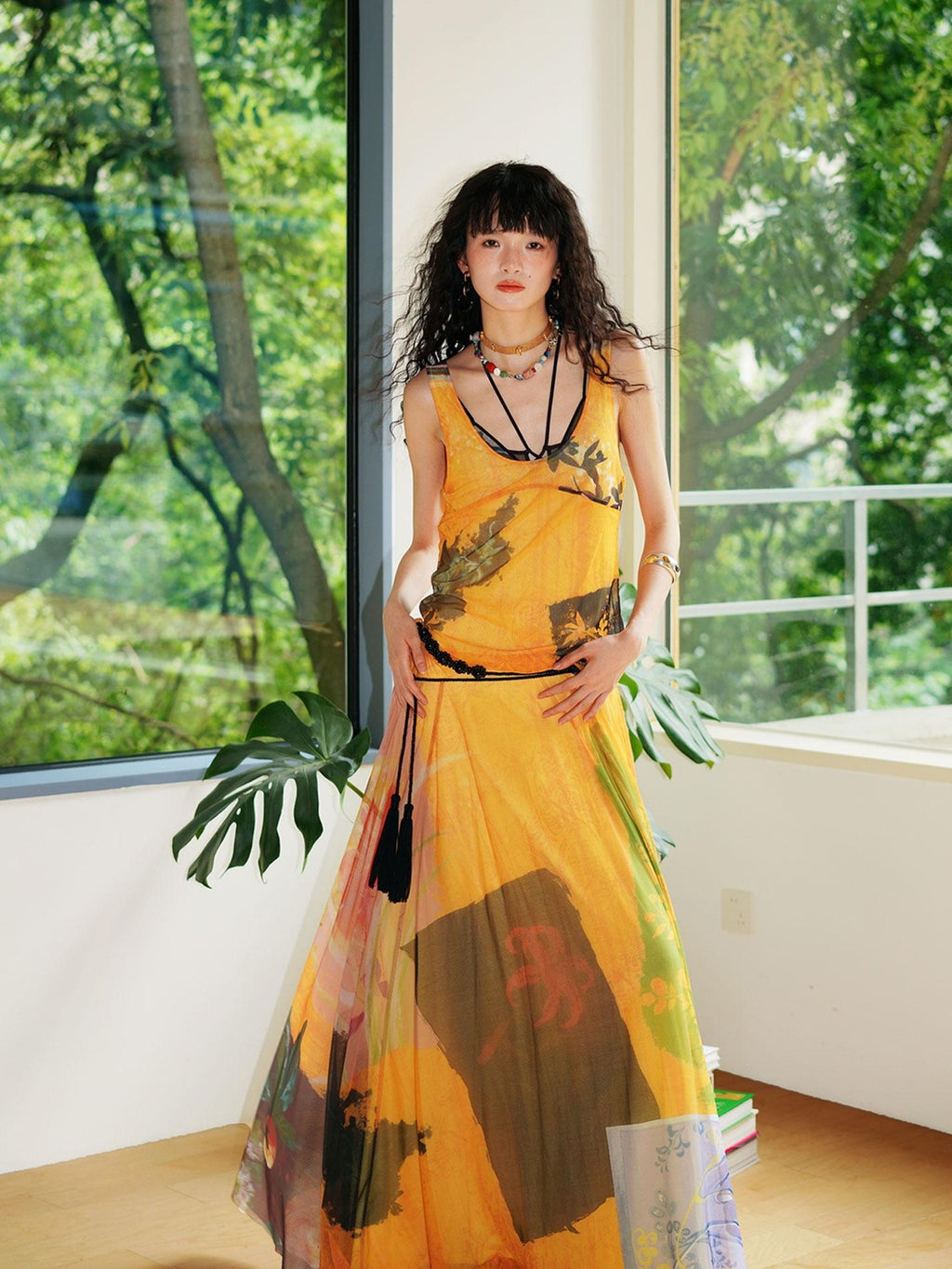 badtaste Yellow Western Printed Sleeveless Full Swing Women's Slip Maxi Dresses