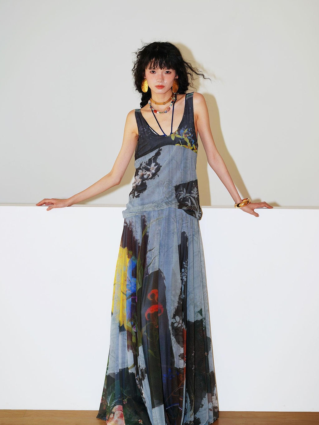badtaste Yellow Western Printed Sleeveless Full Swing Women's Slip Maxi Dresses