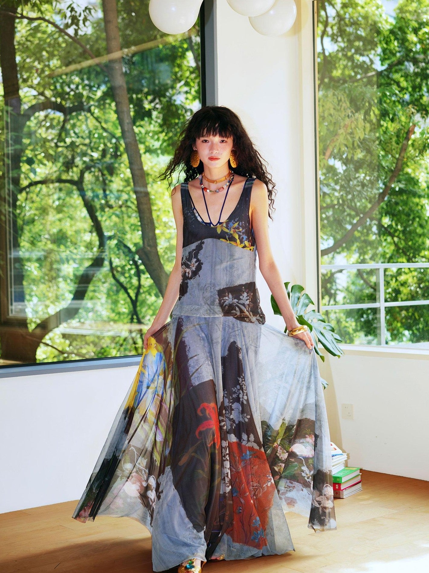 badtaste Yellow Western Printed Sleeveless Full Swing Women's Slip Maxi Dresses