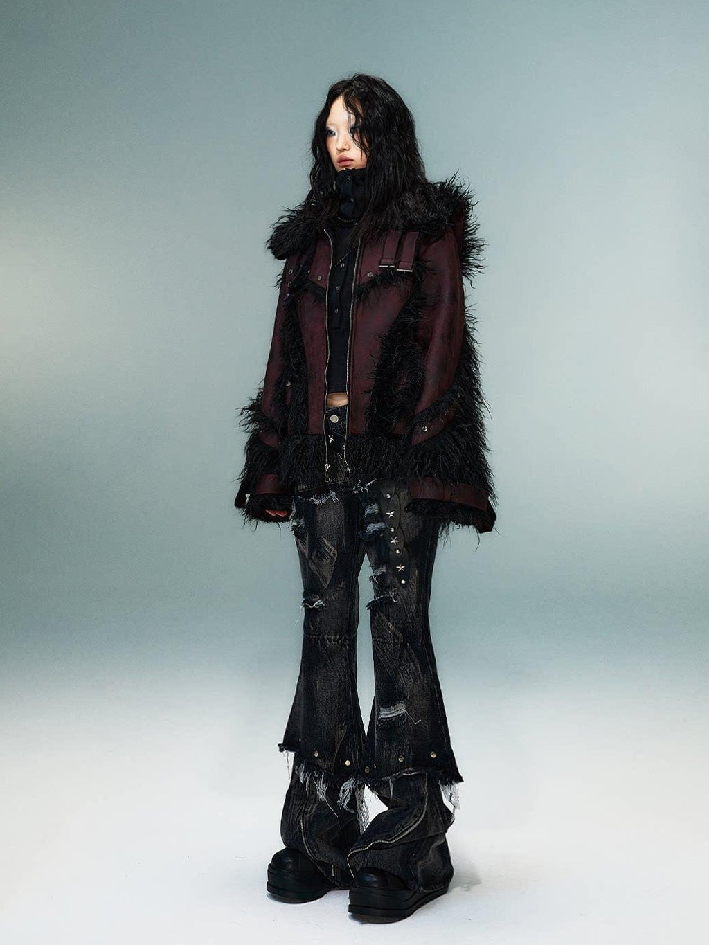 Frustration Garden Warm Oversized Original Zip Patchwork Faux Fur Studs Women Casual Jackets