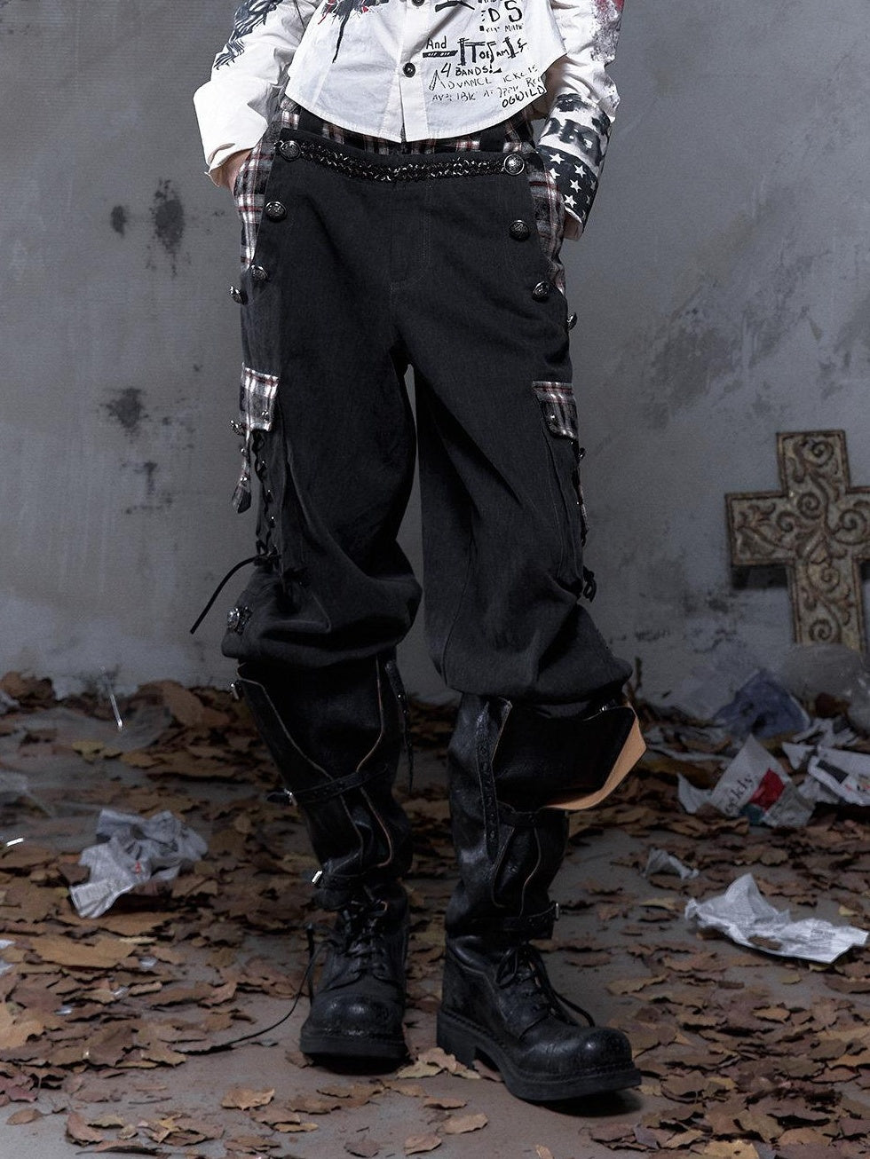 NO ROMANCE Pure Cotton Punk Patchwork Loose Fit Natural Waist Button Fly Women Pants Chinos