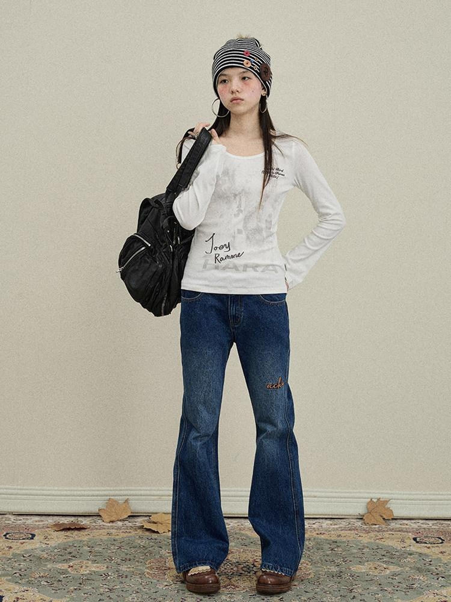 Achihara Slight Embroidered Distressed Wash Slim Women'S Denim Flare Jeans