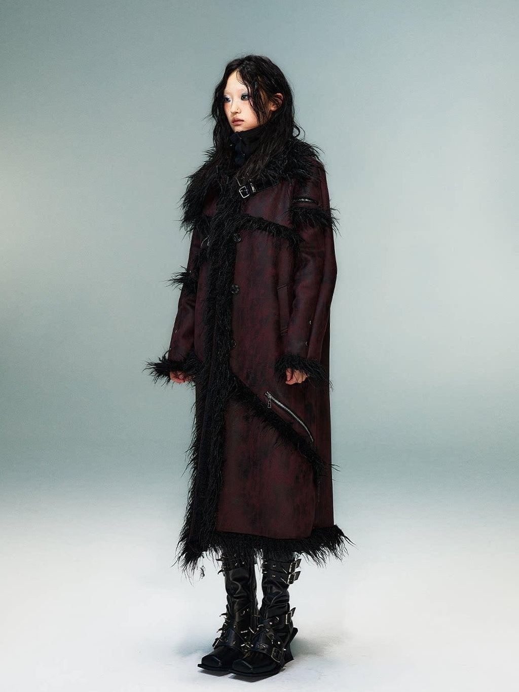 Frustration Garden Thick Oversized Asymmetric Raglan Sleeves Punk Street Women Black Red Long Coats