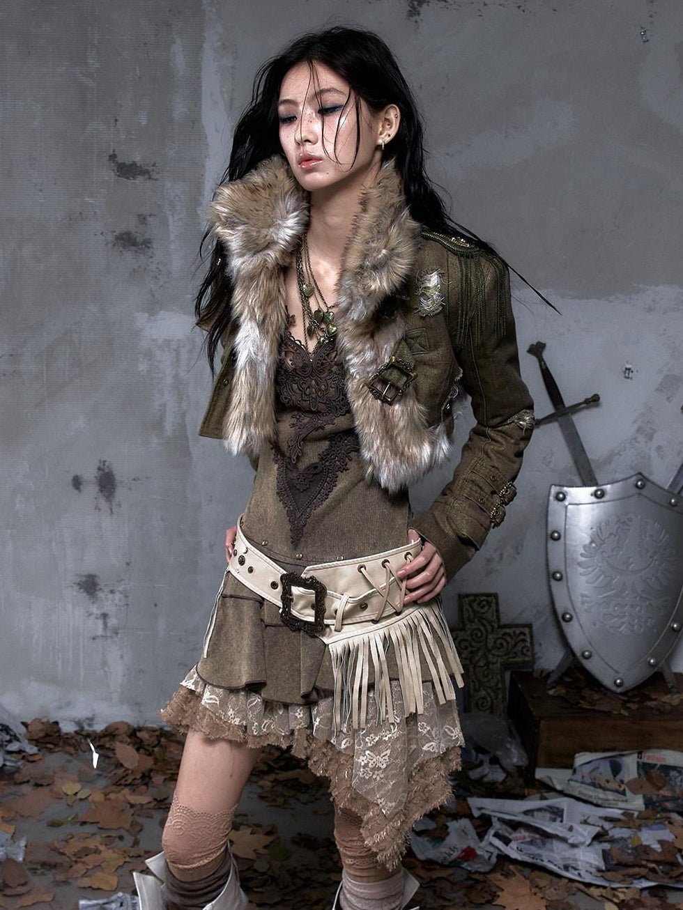 NO ROMANCE Distressed Vintage Slim Fit Cropped Long Sleeve Women Gold Khaki Casual Jackets