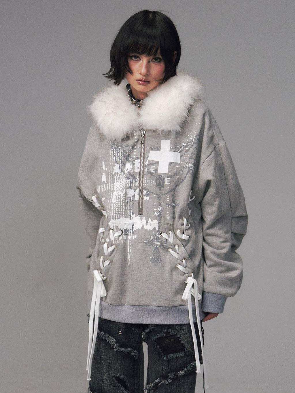 Frustration Garden Original Design Loose Fit Printed Fur Collar Zip Hooded Warm Gray Women Hoodies