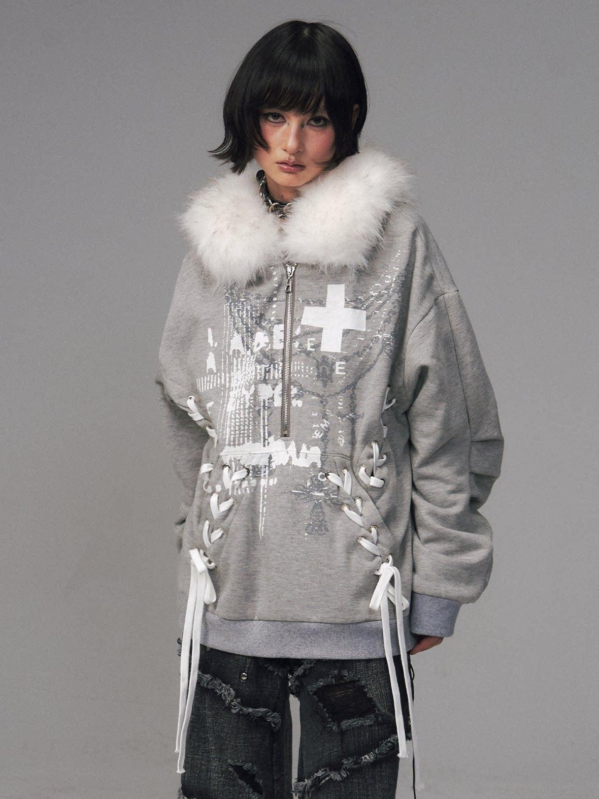 Frustration Garden Original Design Loose Fit Printed Fur Collar Zip Hooded Warm Gray Women Hoodies