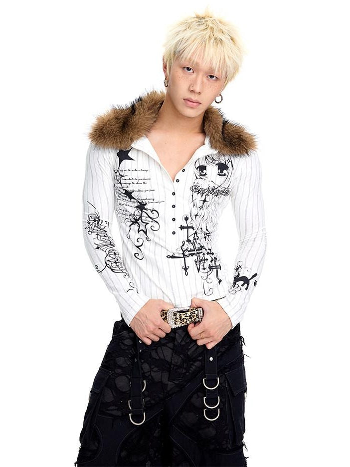 CFIERCE Stretch Cotton Slim Fit Creative Animal Print Casual Long Sleeve Polo Shirt