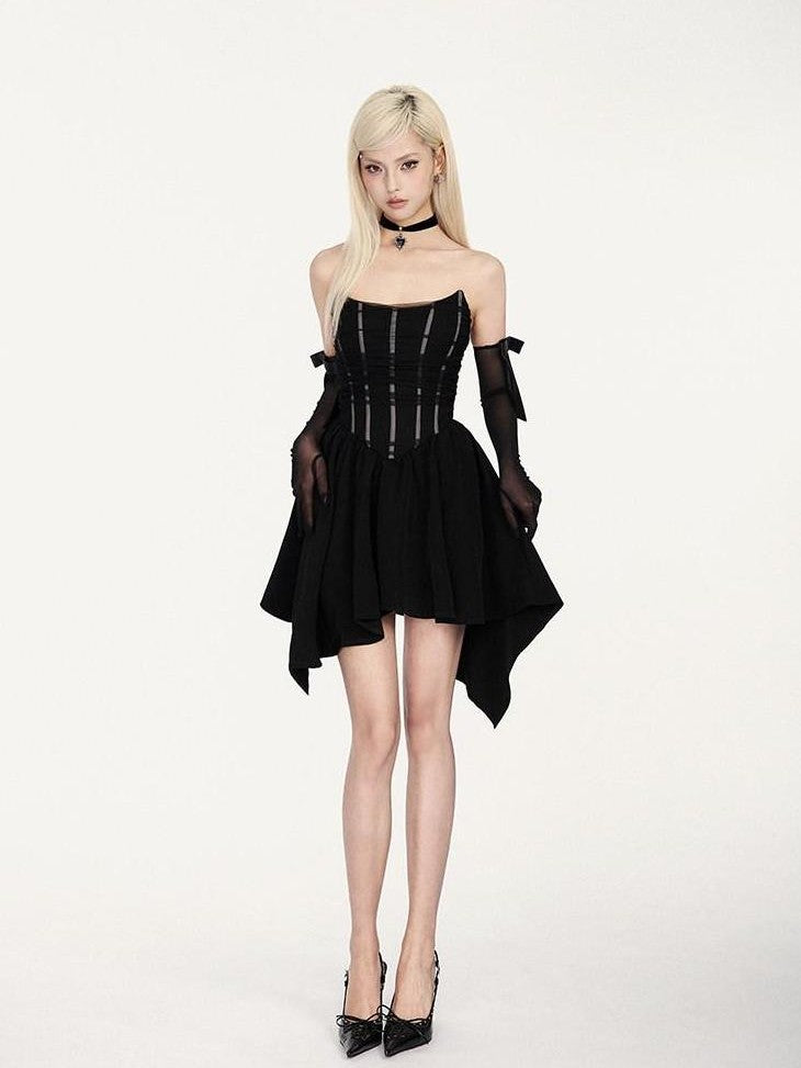 VOCK Little Black French Asymmetric Mesh Boned Women's Polyester Spandex Dress