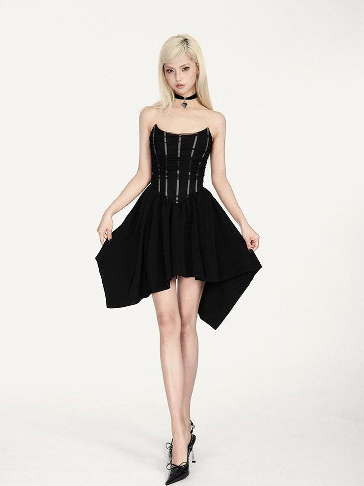 VOCK Little Black French Asymmetric Mesh Boned Women's Polyester Spandex Dress