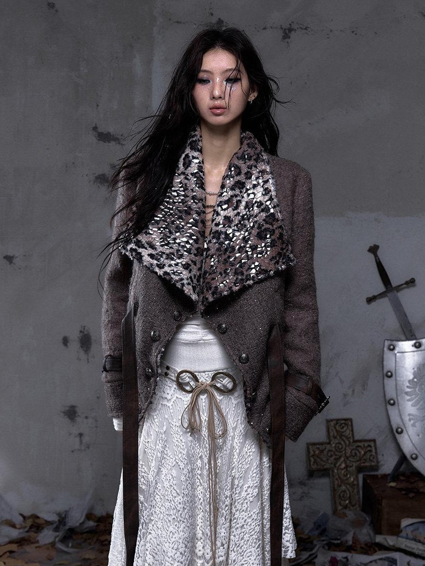 NO ROMANCE Reversible Leopard Print Loose Fit Lapel Long Sleeve Womens Tweed Jackets