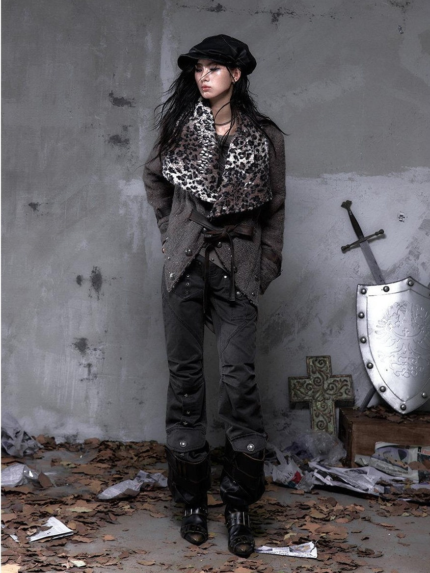 NO ROMANCE Pleated Button Mid Low Rise Subtle Flare Dark Grunge Women Chinos