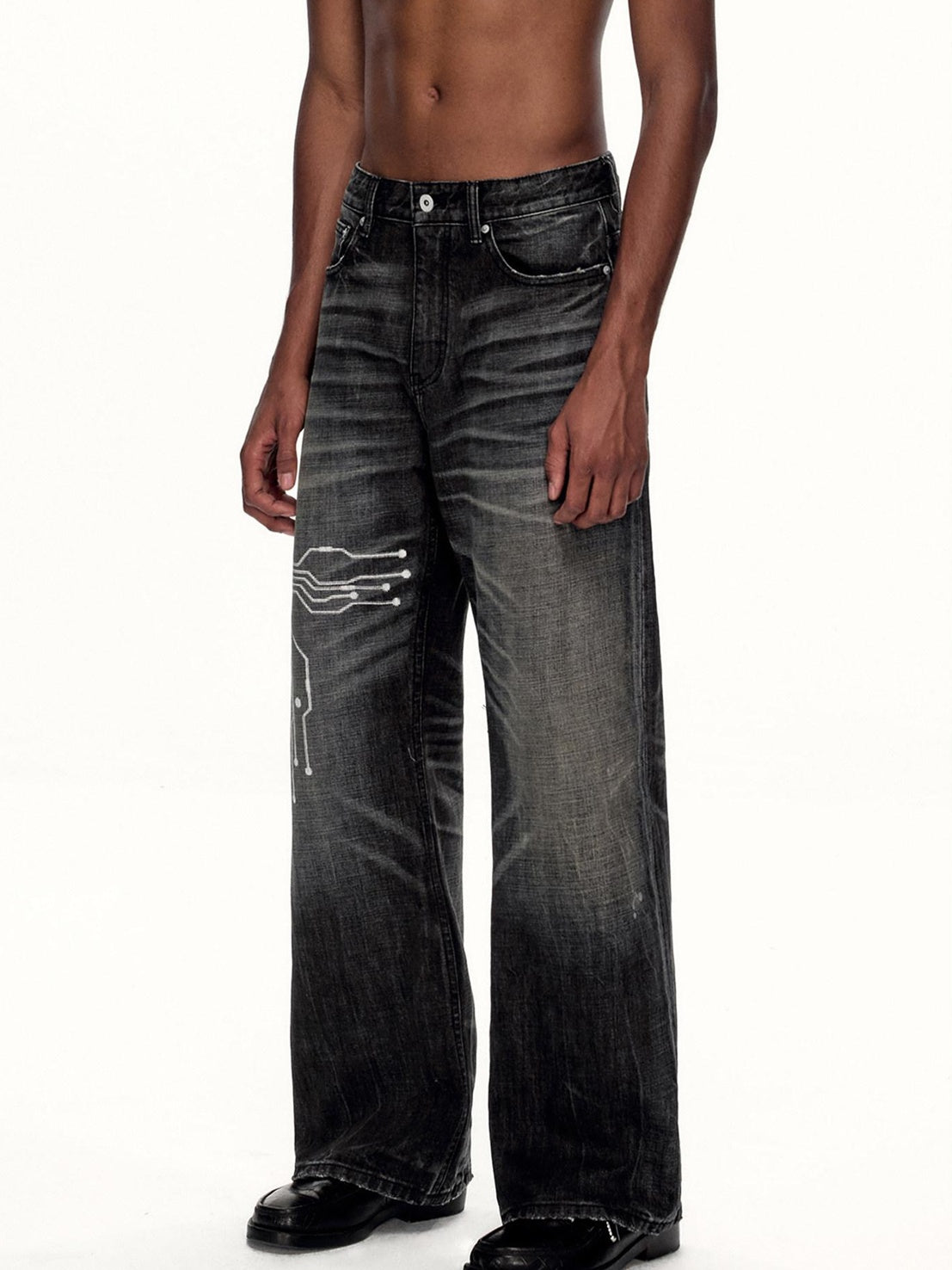 EMOBROTHER Wrinkle Free Whiskered Printed Mid Rise Relaxed Casual Cotton Straight Jeans