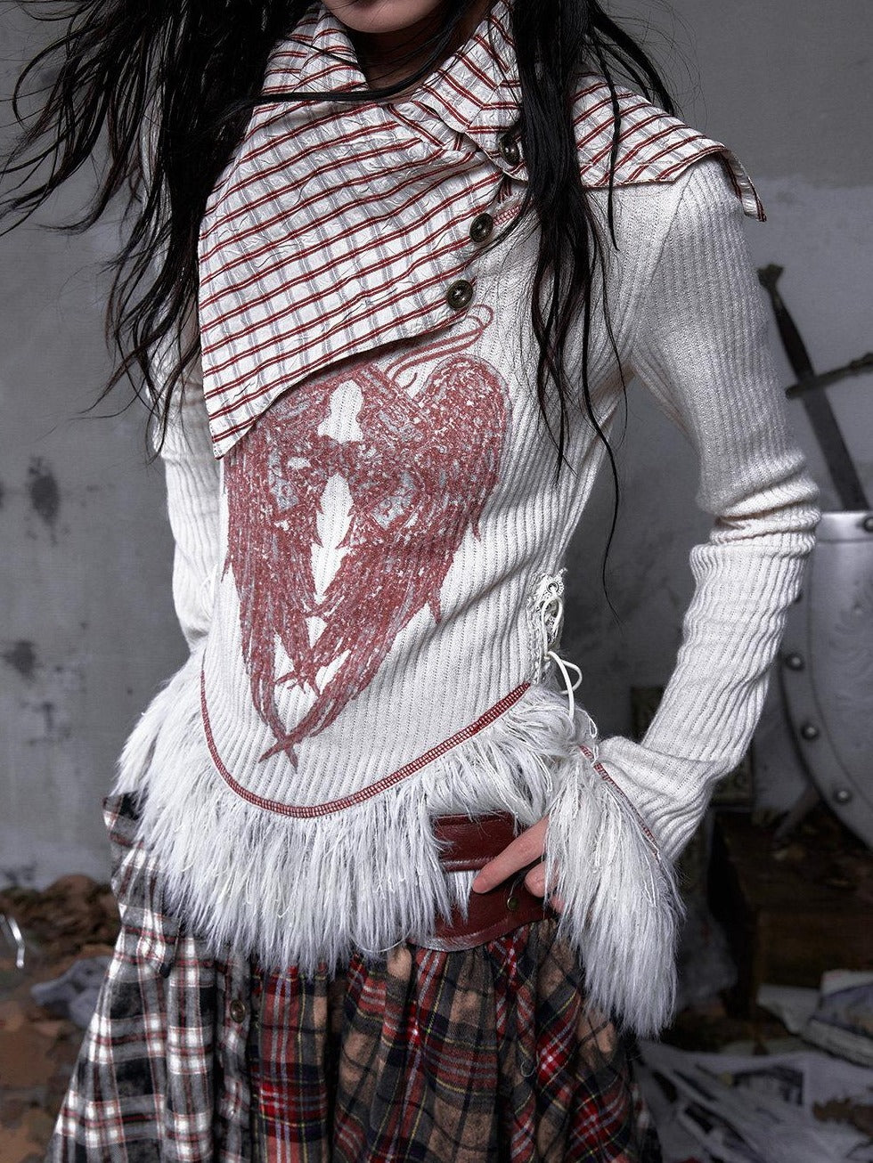 NO ROMANCE Vintage Slim Fit Printed Polo Collar Women Casual Red White Long Sleeve T-Shirts