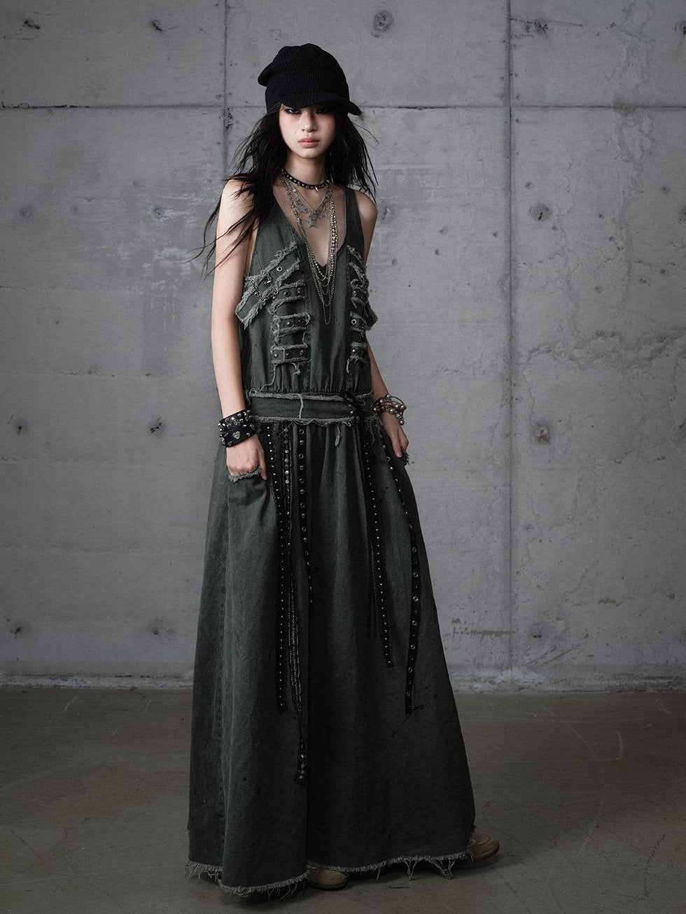 NO ROMANCE Washed Grunge Green Pocketed Punk A Line Loose V-neck Women Casual Midi Dresses