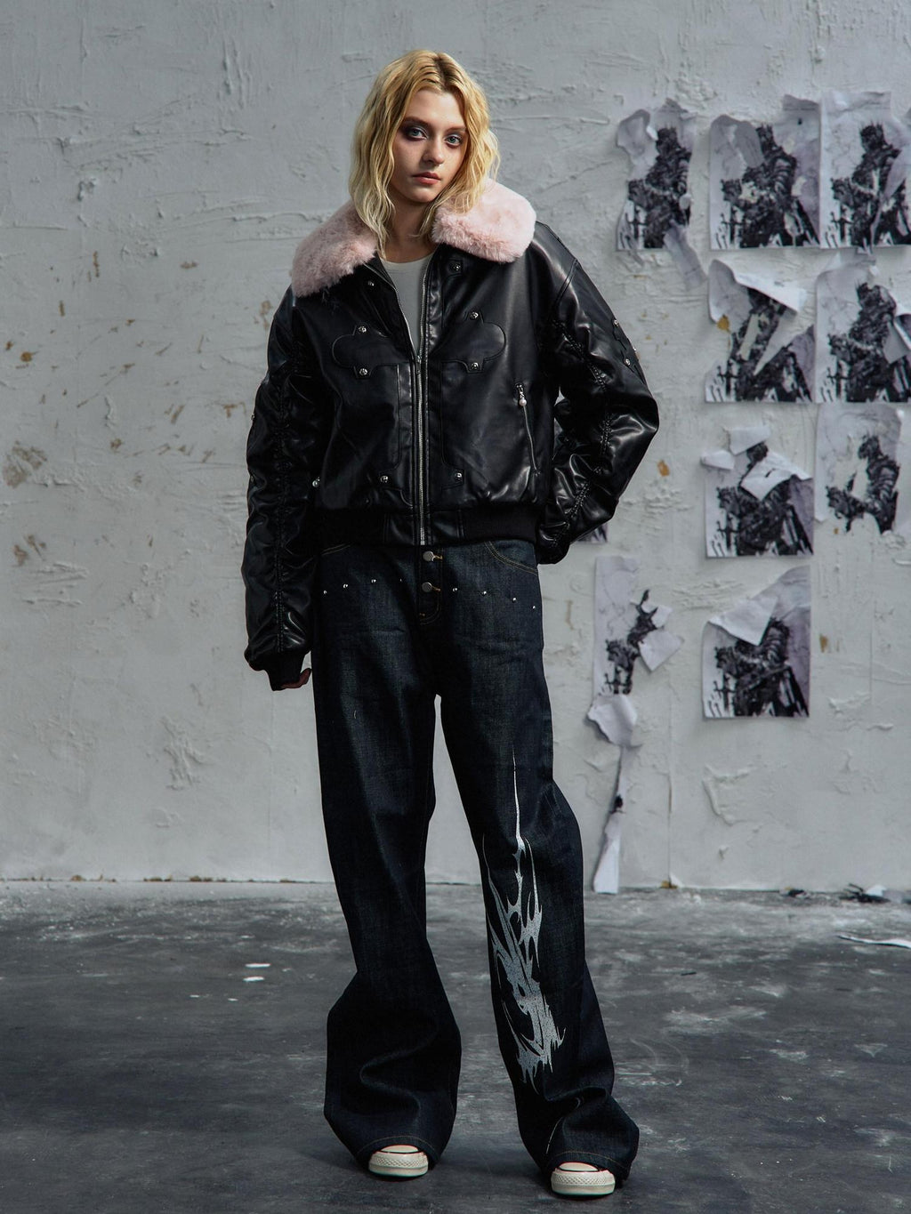 PAIKI Detachable Fur Collar Embroidered Devil Gothic Straight Fit Pu Puffer Jackets