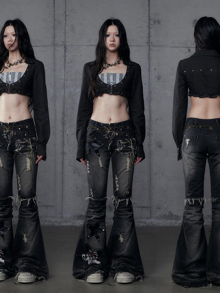 NO ROMANCE Vintage Washed Black Star Print High Waist Slim Fit Women Jeans Flare Jeans