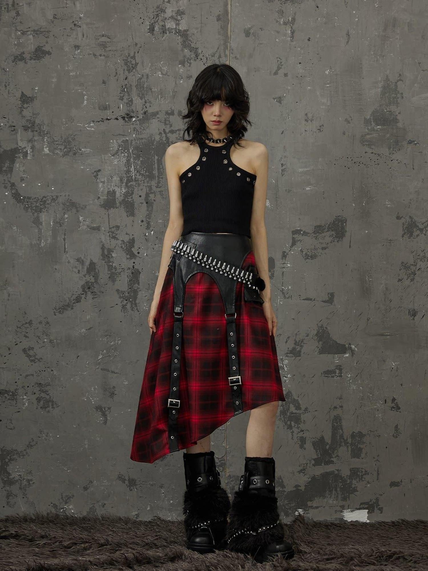 Frustration Garden Edgy Patchwork Asymmetrical A Line Mid Waist Loose Women Black Red Midi Skirts