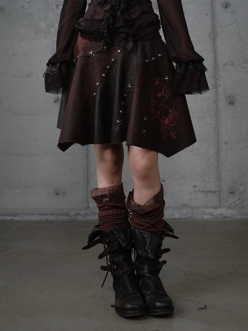 NO ROMANCE Embroidered Regal Asymmetric Mid Rise Loose Casual Girls Dark Brown Mini Skirts