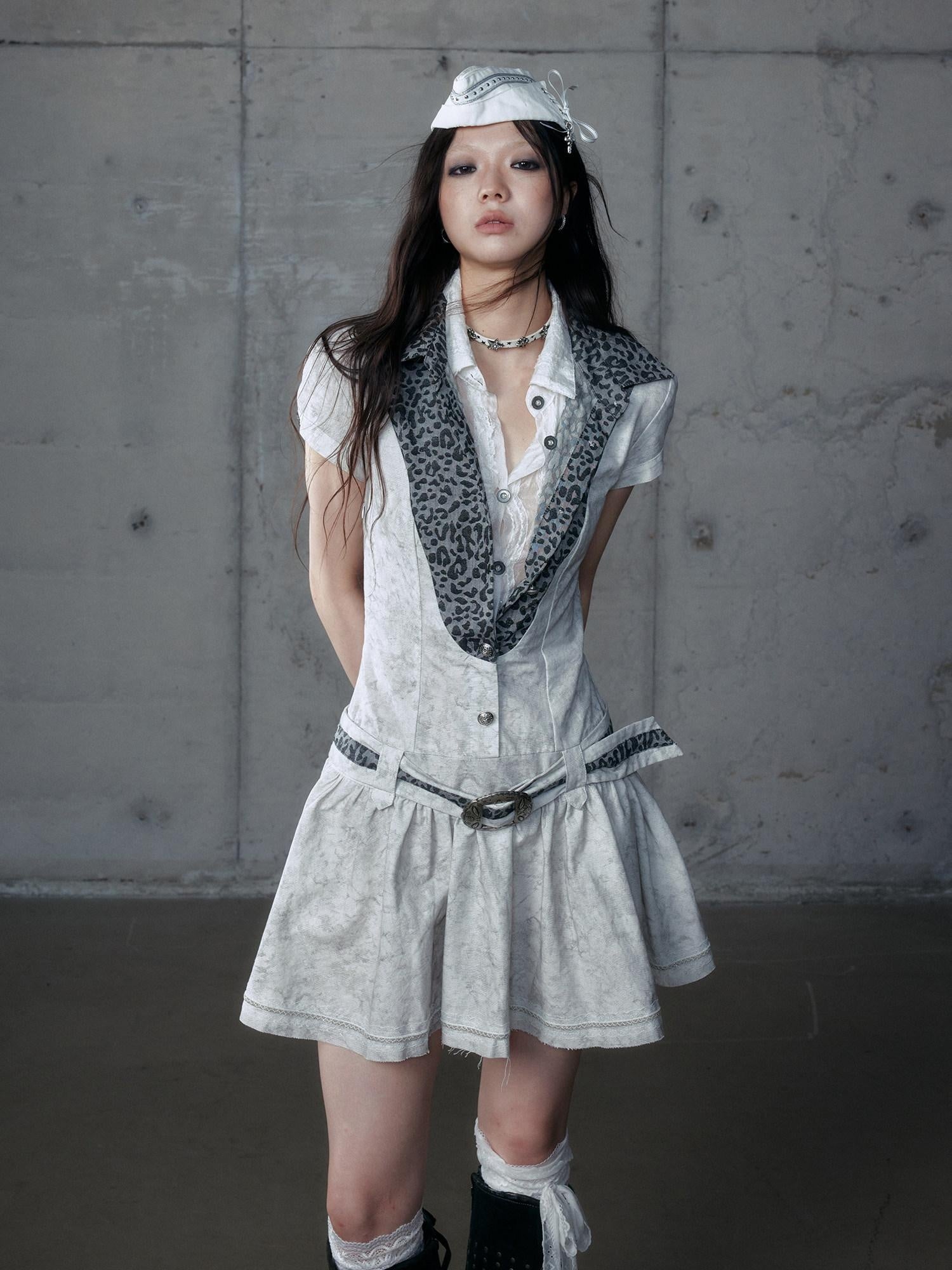 NO ROMANCE Layered Patchwork Polo Collar Slim Short Sleeve Travel Washed White Blouses