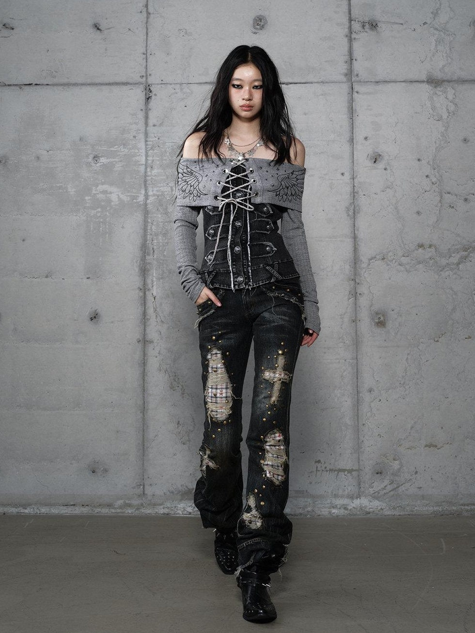 NO ROMANCE Vintage Patchwork Rhinestone Knit Women Washed Gray Long Sleeve T-Shirts