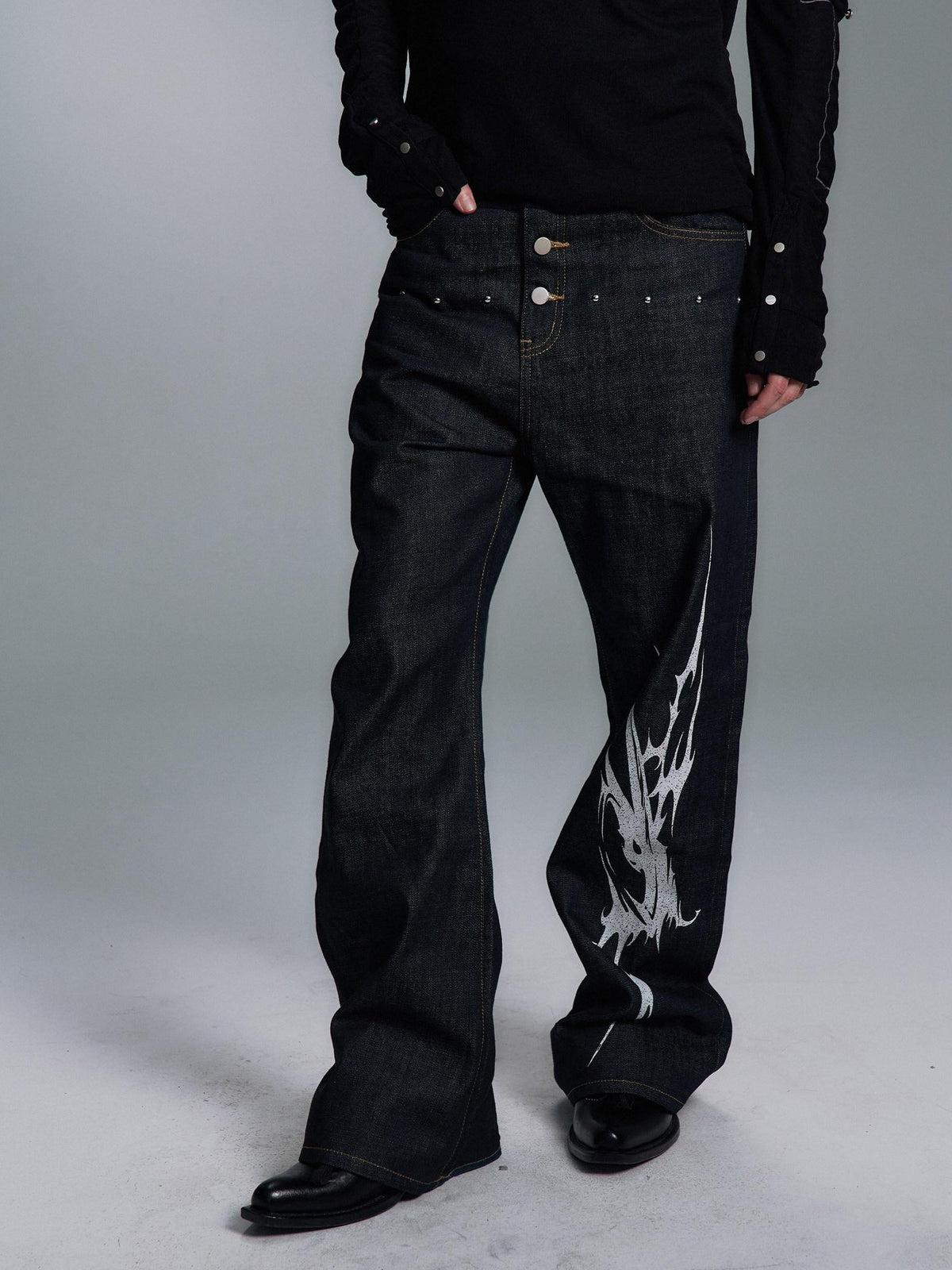 PAIKI Studded Mid Rise Loose Flare Black Denim Casual Men Youth Straight Jeans