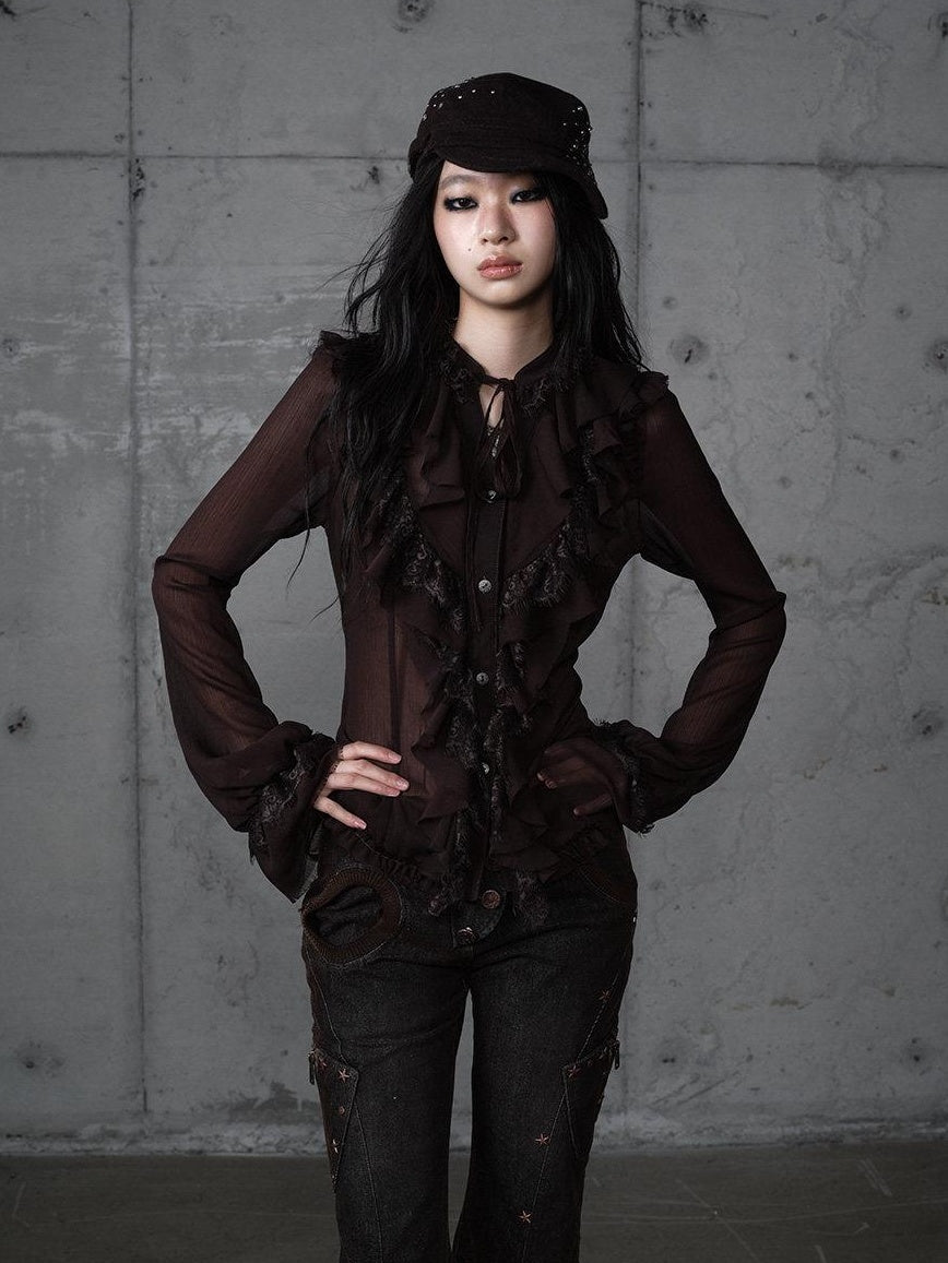 NO ROMANCE Slimming Vintage Slim Fit Ruffle Stand Collar Chiffon Long Sleeve Women Blouses