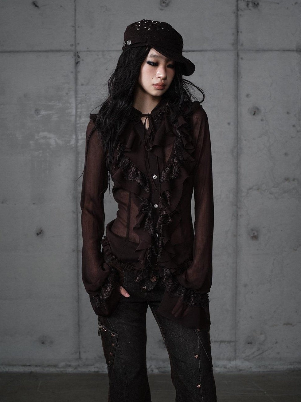 NO ROMANCE Slimming Vintage Slim Fit Ruffle Stand Collar Chiffon Long Sleeve Women Blouses