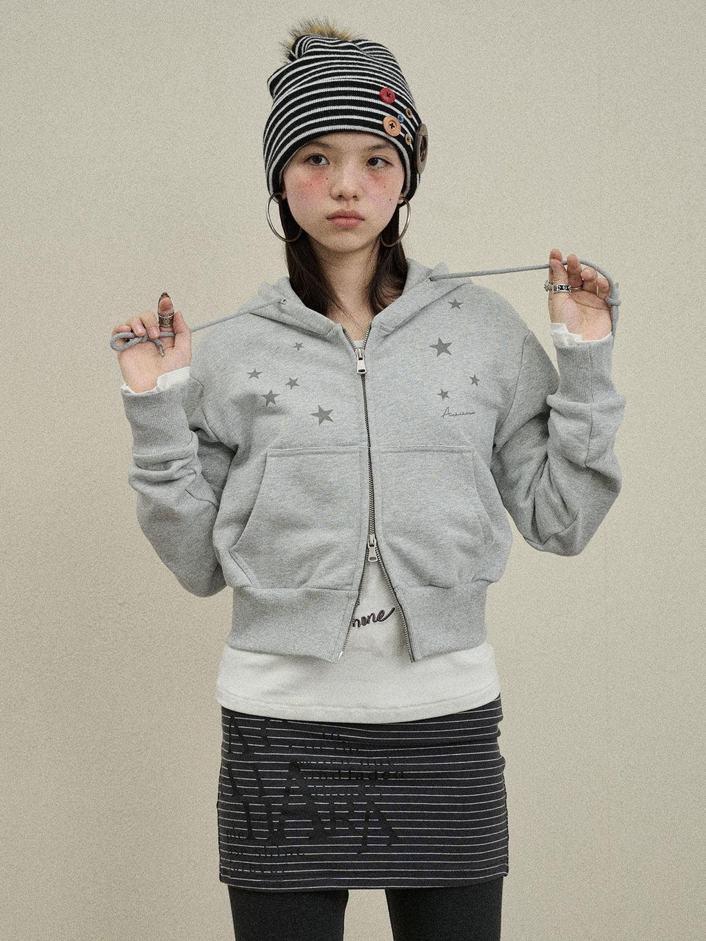Achihara Star Print Cropped Zip Hooded Slim Fit Long Sleeve Women'S Cotton Hoodies