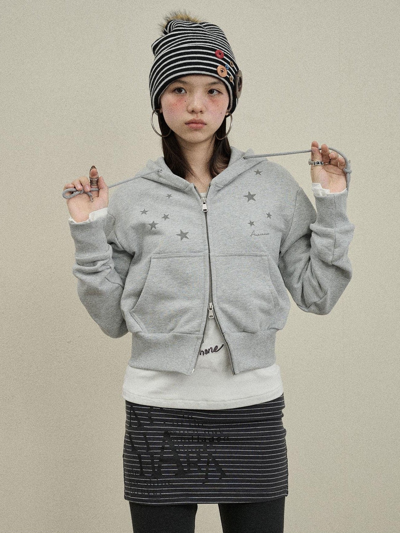 Achihara Star Print Cropped Zip Hooded Slim Fit Long Sleeve Women'S Cotton Hoodies