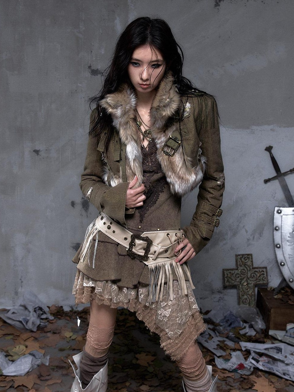 NO ROMANCE Distressed Vintage Slim Fit Cropped Long Sleeve Women Gold Khaki Casual Jackets