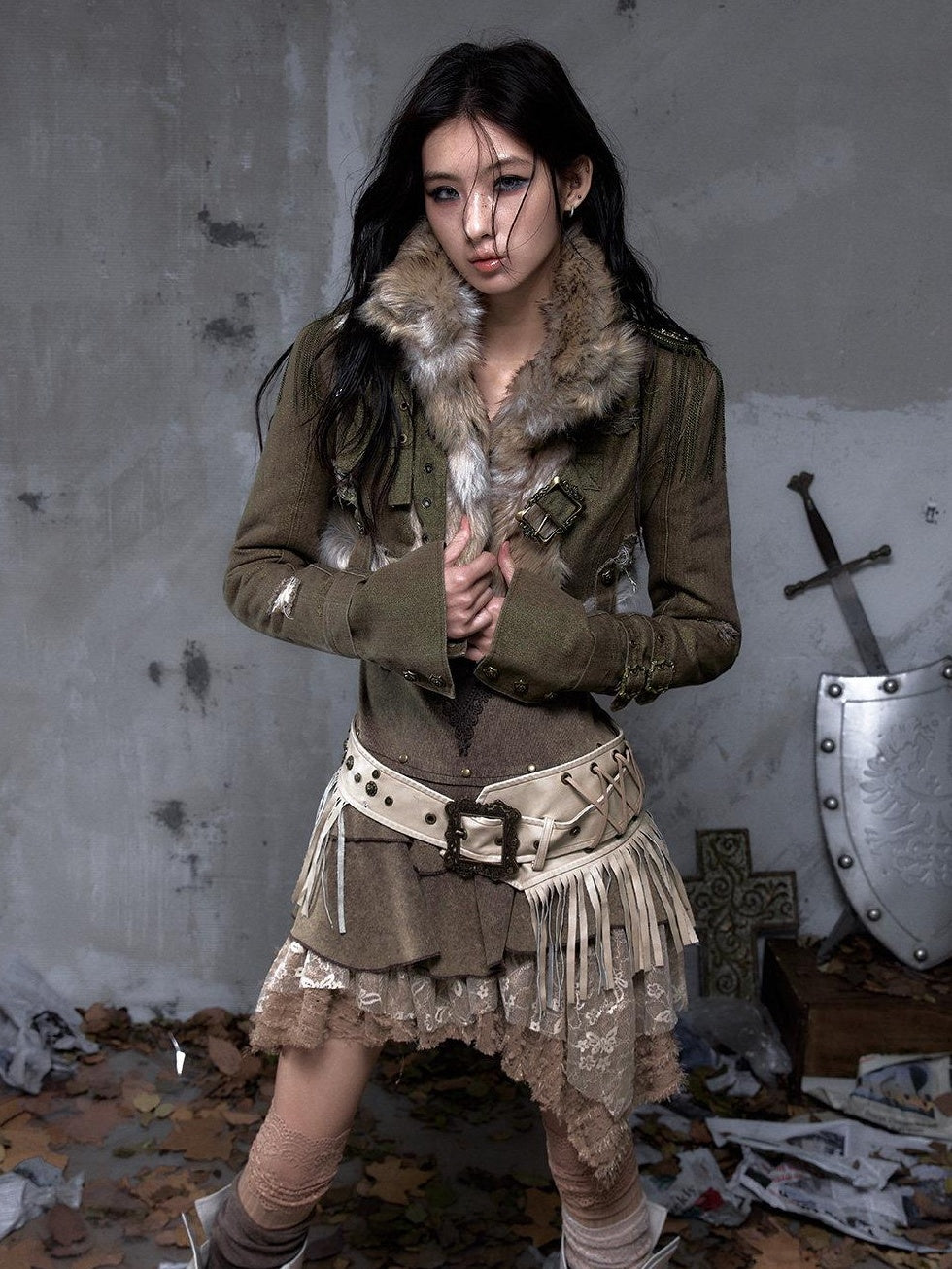 NO ROMANCE Distressed Vintage Slim Fit Cropped Long Sleeve Women Gold Khaki Casual Jackets