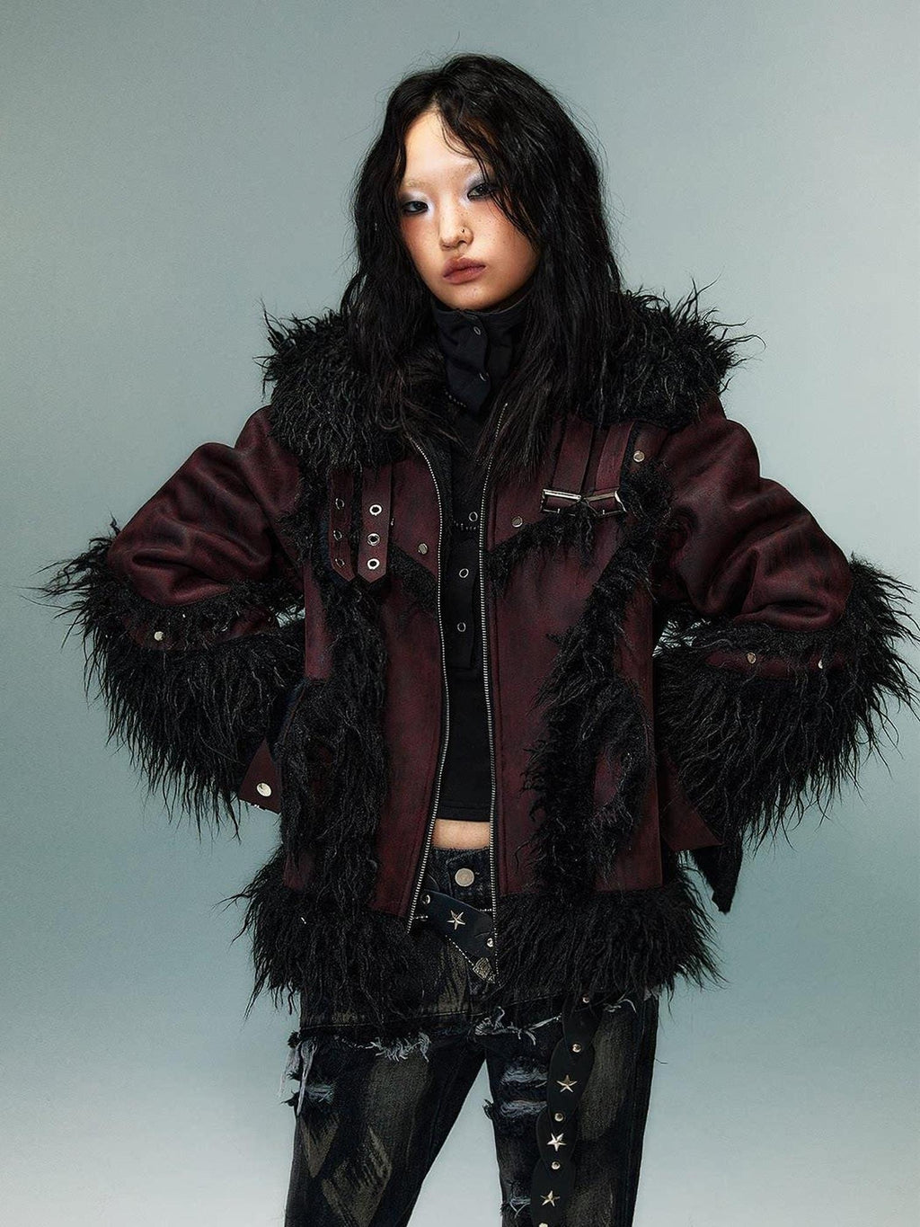 Frustration Garden Warm Oversized Original Zip Patchwork Faux Fur Studs Women Casual Jackets