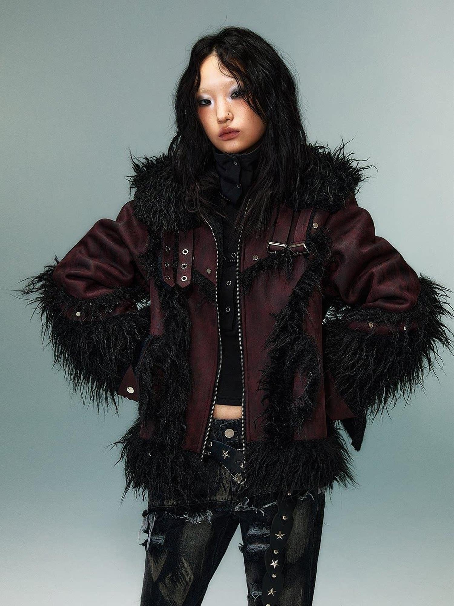 Frustration Garden Warm Oversized Original Zip Patchwork Faux Fur Studs Women Casual Jackets