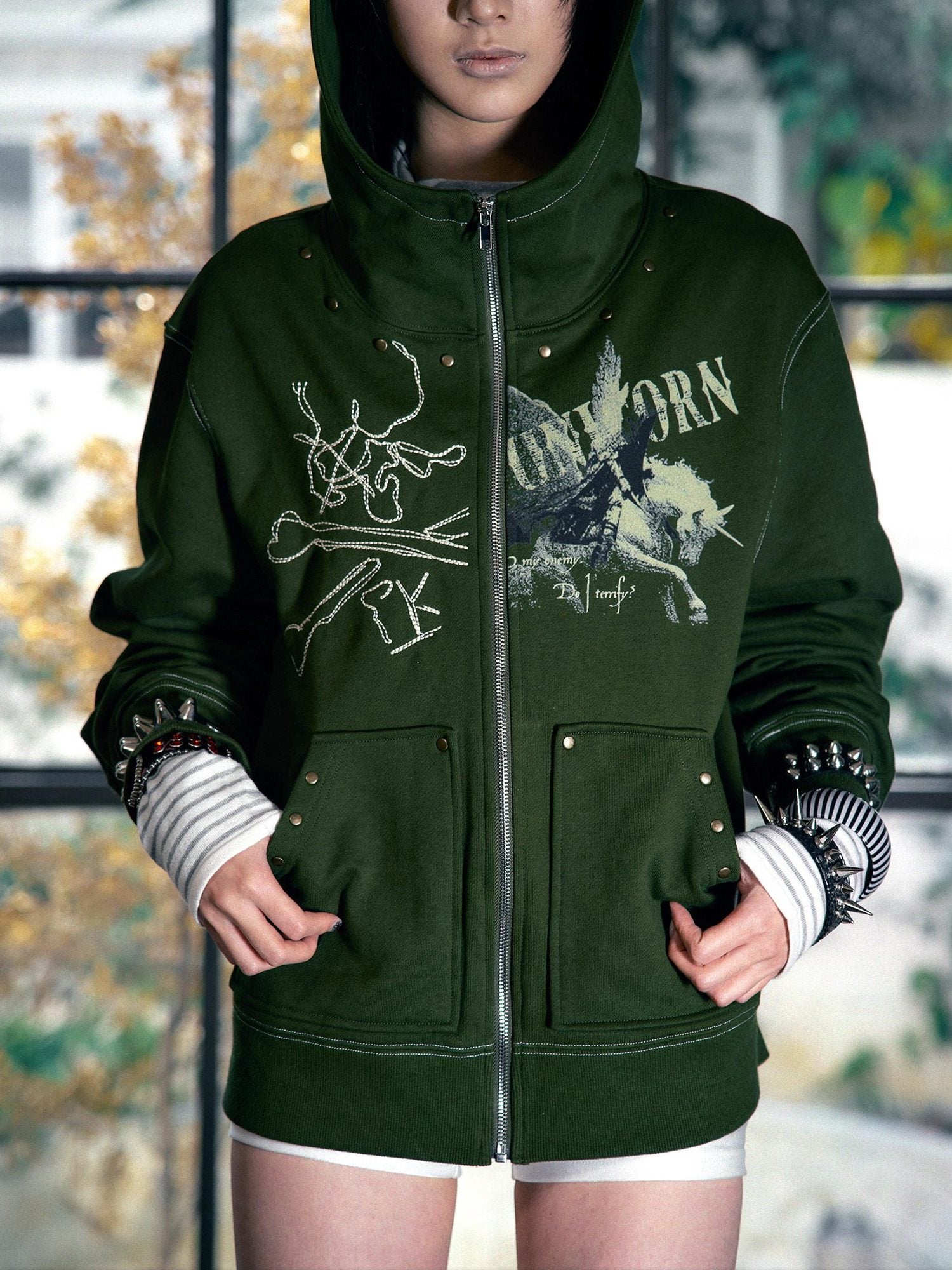 PAIKI Slim Fit Zip Up Hooded Short Length Skull Casual Unisex Sport Polyester Hoodies