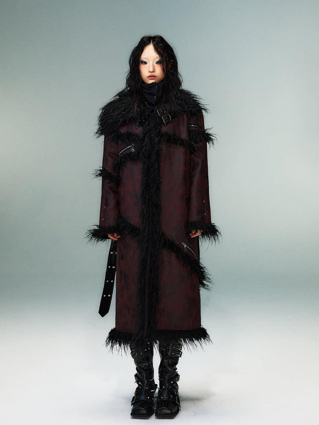 Frustration Garden Thick Oversized Asymmetric Raglan Sleeves Punk Street Women Black Red Long Coats