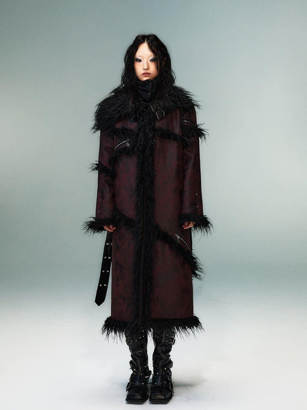 Frustration Garden Thick Oversized Asymmetric Raglan Sleeves Punk Street Women Black Red Long Coats